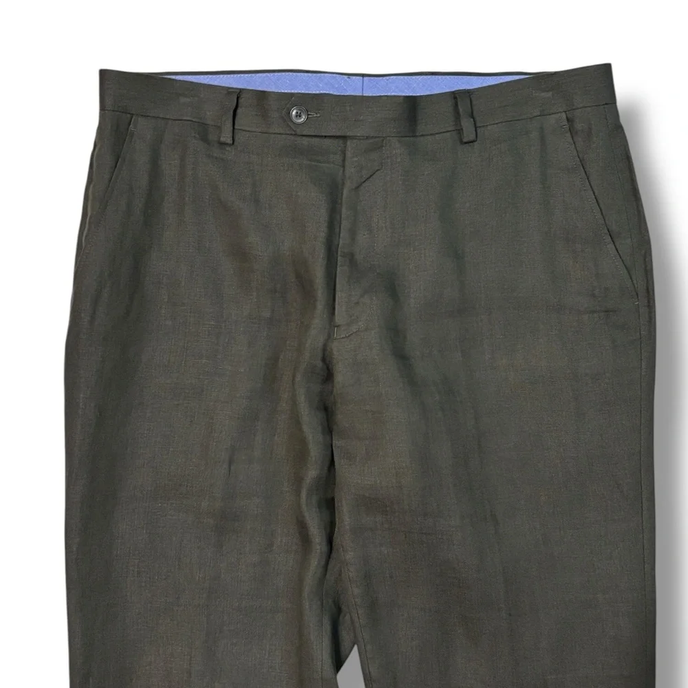 TOMMY HILFIGER Olive Green Linen Flat Front Dress Pants 36x32